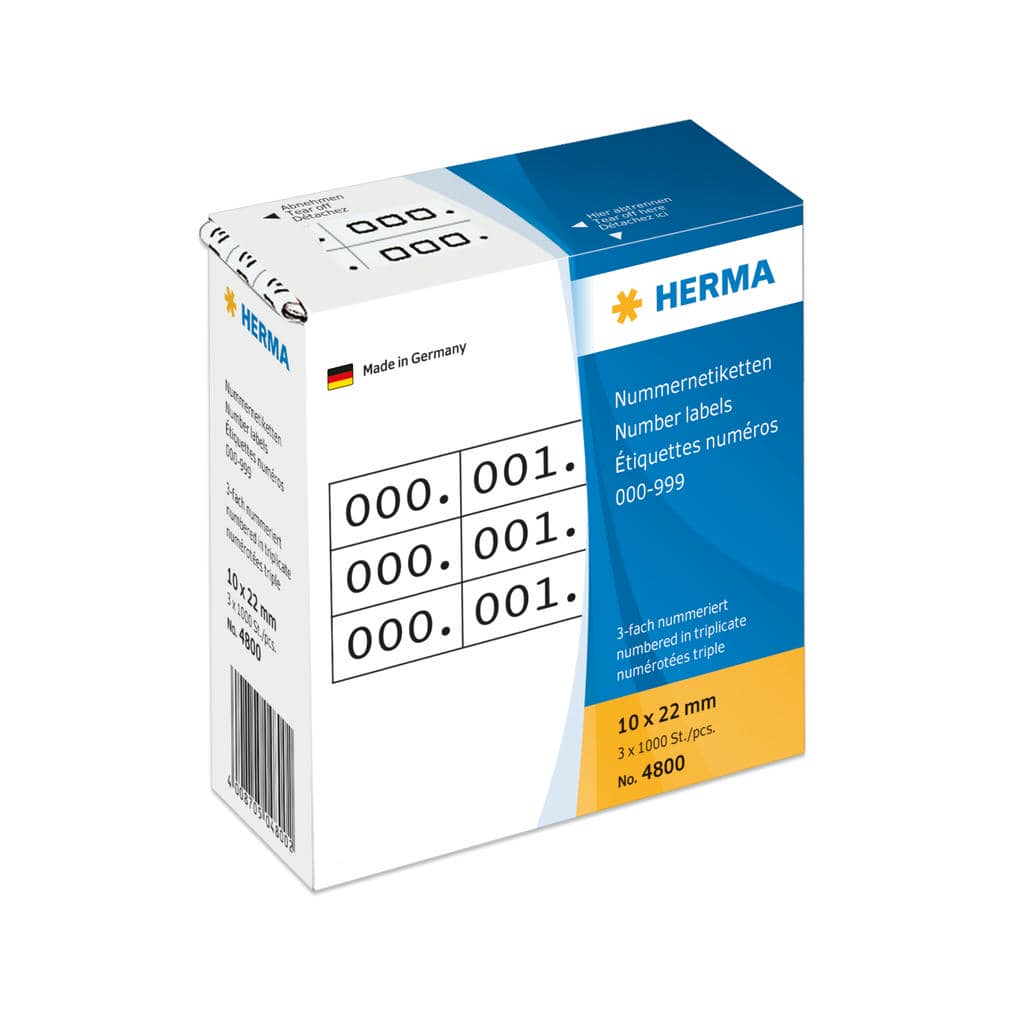 Nummernetiketten 0-999, dreifach, weiß/schwarz, selbstklebend – 10 x 22 mm