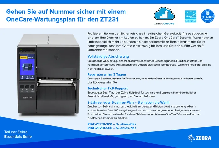 Etikettendrucker Zebra ZT231, Thermotransfer, 8 Punkte/mm (203dpi), Display, EPL, ZPL, ZPLII, USB, USB-Host, RS232, BT (BLE), Ethernet