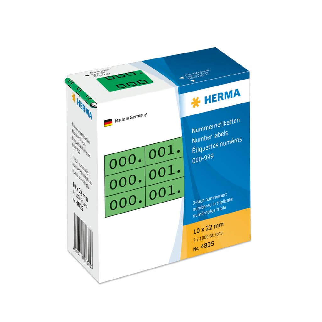 Nummernetiketten 0-999, dreifach, grün/schwarz, selbstklebend – 10 x 22 mm